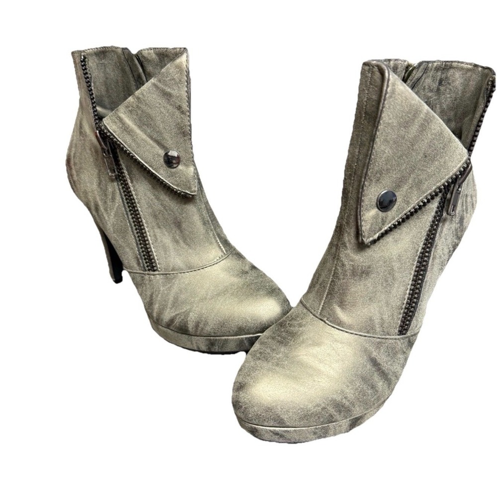 2 Lips Too Womens Metallic Taupe Moto Ankle Boots Stiletto Heel Platform Booties